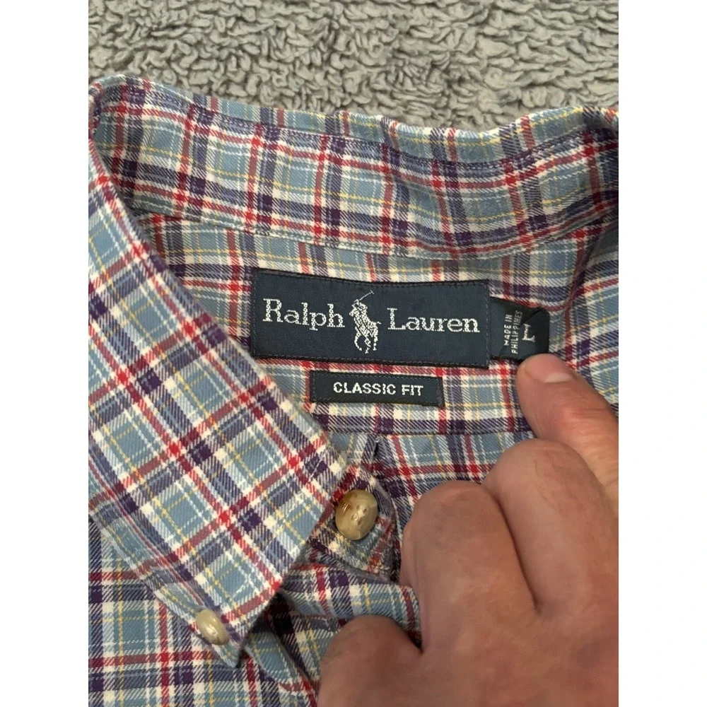 Vintage Ralph Lauren Shirt Plaid Long Sleeve Button Down Mens L Blue Pink Y2K